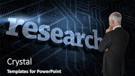  Presentation with research - Theme with word research and thoughtful businessman standing back to camera against futuristic black and blue background background and a black colored foreground