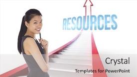 Presentation with resources - Theme with word resources and thoughtful businesswoman against red arrow with steps graphic background and a light gray colored foreground