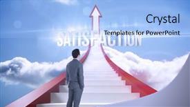  Presentation with steps - Amazing PPT layouts having word satisfaction and businessman standing against red steps arrow pointing up against sky backdrop and a light blue colored foreground
