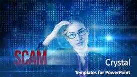  Presentation with scam - Slides having word scam and businesswoman thinking against blue technology interface with binary code background and a ocean colored foreground