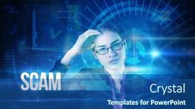  Presentation with scam - Slide set enhanced with word scam and businesswoman thinking against blue technology interface with dial background and a ocean colored foreground