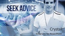  Presentation with spinning - Theme consisting of word seek advice against spinning class instructor holding clipboard background and a light blue colored foreground