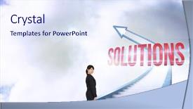  Presentation with solutions - Presentation design with word solutions and smiling businesswoman against red staircase arrow pointing up against sky background and a sky blue colored foreground