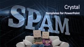  Presentation with spam - Slide deck consisting of word spam and silly employees with arms folded wearing boxes on their heads against futuristic black and blue background background and a navy blue colored foreground