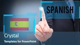  Presentation with spanish - Slide set enhanced with word spanish and mid section of businessman pointing something up against blue background background and a ocean colored foreground