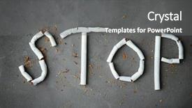  Presentation with cigarettes - Amazing slide set having word stop made of cigarettes on grey background backdrop and a gray colored foreground