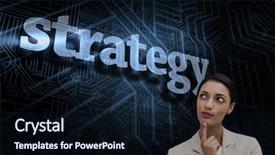  Presentation with strategy - Colorful presentation design enhanced with word strategy and smiling businesswoman backdrop and a wine colored foreground