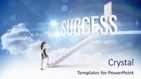  Presentation with stepping - PPT theme with word success and businesswoman stepping background and a sky blue colored foreground