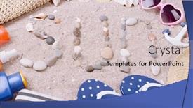  Presentation with sea shells - Colorful theme enhanced with word sun made from sea shells and stones on sand with beach accessories backdrop and a soft green colored foreground