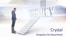  Presentation with survey - Presentation featuring word survey and smiling businessman standing against white steps leading to closed door background and a sky blue colored foreground