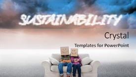  Presentation with sustainability - PPT layouts enhanced with word sustainability and silly employees with arms folded wearing boxes on their heads against cloudy landscape background background and a soft green colored foreground
