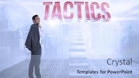  Presentation with tactics - Presentation design consisting of word tactics and smiling businessman standing against city scene in a room background and a light blue colored foreground