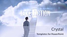  Presentation with open door - Slide set featuring taking steps - word take action and businessman background and a light blue colored foreground