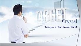  Presentation with steps - Audience pleasing slide set consisting of word target and businessman holding glasses against white steps leading to open door backdrop and a sky blue colored foreground