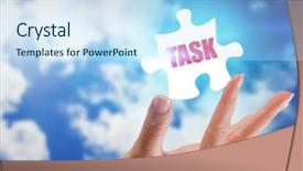  Presentation with task - Slide deck consisting of word task and hand showing against bright blue sky with clouds background and a sky blue colored foreground