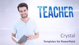  Presentation with teacher - Presentation design featuring word teacher and student holding book against grey background background and a sky blue colored foreground