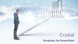  Presentation with open door - Slides having word teamwork and smiling businessman standing against white steps leading to open door background and a sky blue colored foreground