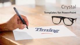  Presentation with page - PPT theme having word timing against side view of hand writing on white page on working desk background and a lemonade colored foreground