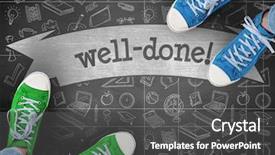  Presentation with done - PPT layouts having word well-done and casual shoes against black background background and a dark gray colored foreground