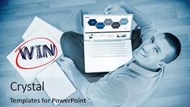  Presentation with win - Slide deck featuring word win and business interface against young creative businessman working on laptop background and a light blue colored foreground