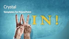  Presentation with win win - Slide deck having word win with fingers instead of letter w background and a teal colored foreground