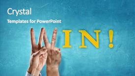  Presentation with win - Audience pleasing PPT theme consisting of word win with fingers instead of letter w backdrop and a teal colored foreground