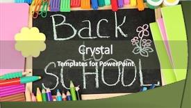  Presentation with school desk - Colorful PPT layouts enhanced with words 'back to school' written in chalk on the small school desk with various school supplies close-up backdrop and a dark gray colored foreground
