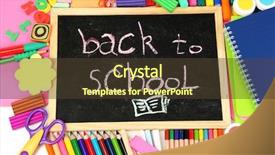  Presentation with school desk - PPT theme having words 'back to school' written in chalk on the small school desk with various school supplies close-up background and a tawny brown colored foreground