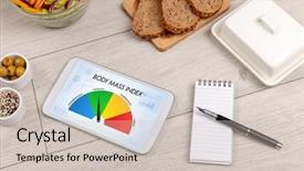  Presentation with body mass index - Cool new PPT theme with words body mass index backdrop and a soft green colored foreground