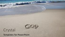  Presentation with laguna beach - Audience pleasing presentation design consisting of words-written-in-sand-god backdrop and a light gray colored foreground