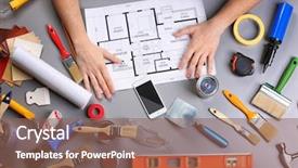  Presentation with pair of hands - PPT theme featuring finish line work - decorator's hands on project drawing background and a violet colored foreground