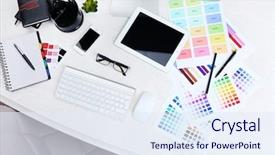  Presentation with working - Colorful slides enhanced with working place of designer close backdrop and a sky blue colored foreground