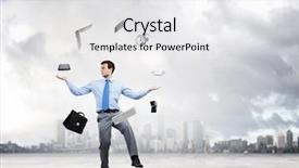  Presentation with juggling - PPT theme with work ability - young businessman juggling with business background and a white colored foreground
