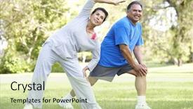  Presentation with active seniors senior couple - PPT theme with work activities - senior couple exercising in park background and a soft green colored foreground