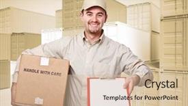  Presentation with container - Cool new slides with blue red business - delivery man at work backdrop and a soft green colored foreground