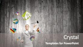  Presentation with juggling - Colorful PPT theme enhanced with work balance - young pretty businesswoman juggling backdrop and a gray colored foreground