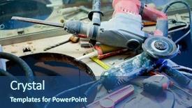  Presentation with clutter - Presentation theme having work bench - home improvement repair messy clutter background and a ocean colored foreground