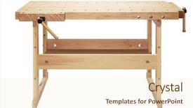  Presentation with woodworking - Amazing slide deck having work bench - wooden workbench with vises woodworking backdrop and a cream colored foreground