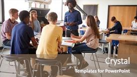  Presentation with design work - Presentation theme with work benches listening to teacher background and a coral colored foreground