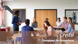  Presentation with high school students - Audience pleasing PPT theme consisting of work benches listening to teacher backdrop and a coral colored foreground