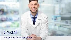  Presentation with male pharmacist - Presentation having work blurred shelves with pharmaceutical background and a sky blue colored foreground
