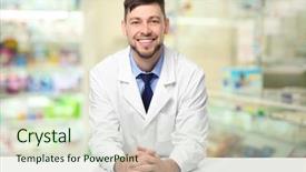  Presentation with male pharmacist - PPT theme having work blurred shelves with pharmaceutical background and a soft green colored foreground