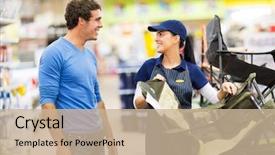  Presentation with solar car eco friendly - Slide set consisting of work camps - friendly saleswoman selling camping chair background and a soft green colored foreground