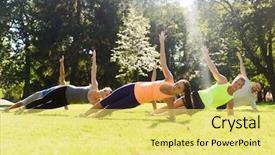  Presentation with community service happy volunteer group - Colorful presentation theme enhanced with work camps - group of happy friends exercising backdrop and a yellow colored foreground