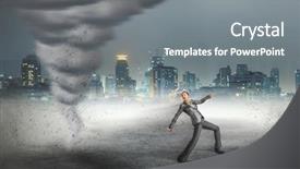  Presentation with catastrophe - Slide deck consisting of work catastrophe - businesswoman running from the tornado background and a gray colored foreground