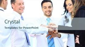  Presentation with team hands - Amazing presentation design having work celebration - business team joining hands together backdrop and a sky blue colored foreground