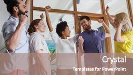  Presentation with victory team - Presentation theme with work celebration - business triumph gesture people background and a coral colored foreground