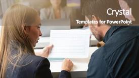  Presentation with work - Beautiful slides featuring work colleagues going over spreadsheet backdrop and a violet colored foreground