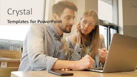  Presentation with sharing - Cool new theme with work colleagues sharing headphones looking at computer backdrop and a coral colored foreground