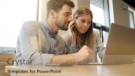  Presentation with sharing - Beautiful slide deck featuring work colleagues sharing headphones looking at computer backdrop and a coral colored foreground